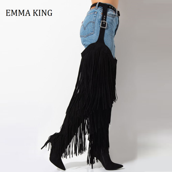 

women chap boots waist belt crotch tassels boots black waist belt faux suede stiletto high heels over knee boot 2020 women shoes