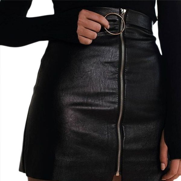 

women pu leather skirts women short black high waist o ring zipper design pencil skirt
