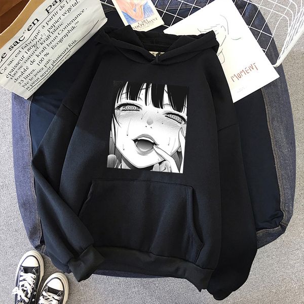 

winter japanese cartoon fun harajuku leisure ulzzang large size loose plus velvet gothic casual long-sleeved fashion sweatshirt, Black