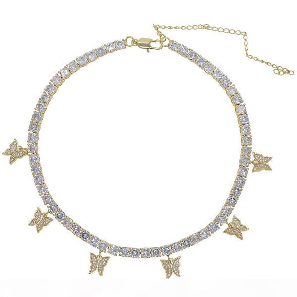 

a selling women hip hop chokers chain butterfly necklace iced out tennis chain micro pave bling pink clear cz punk animal necklace, Silver