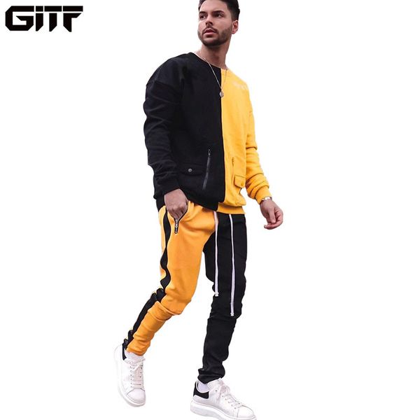 

gitf men's tracksuit gym fitness sports suit clothes running jogging sport wear exercise workout stitching hip hop sets men, Black;blue