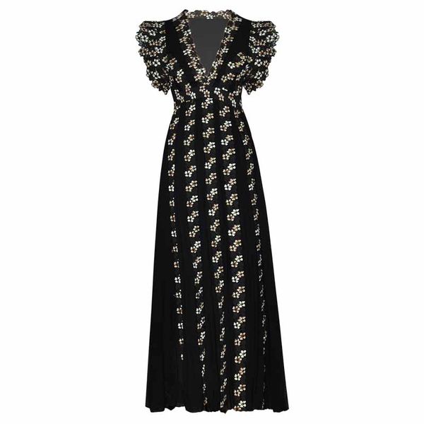 

red roosarosee v-neck sleeveless heavy water soluble embroidery pleated long maxi dress dresses summer 2020 vestidos robe femme, Black;gray