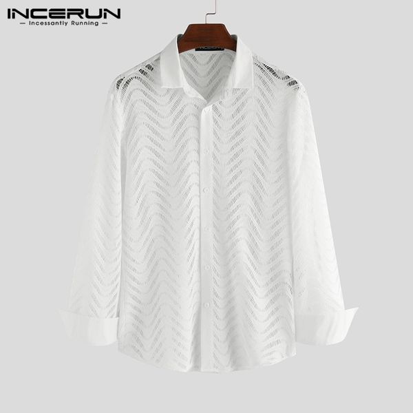 

fashion lace shirt men breathable see through nightclub party dress shirts men button mesh long sleeve blouse s-5xl incerun, White;black