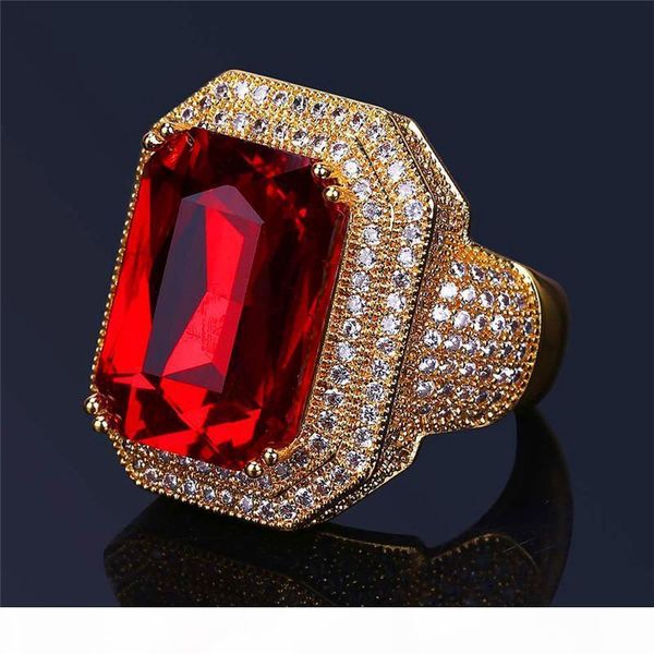 

luxury hiphop zircon rings for men real 18k gold plated ruby ring fashion ice out hip hop jewelry hipping, Golden;silver