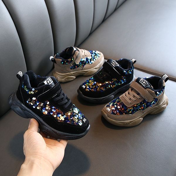 

2019 winter children's velvet warm warm sports sequins sports for boys and girls new daddy shoes fashion casual running shoes, Black