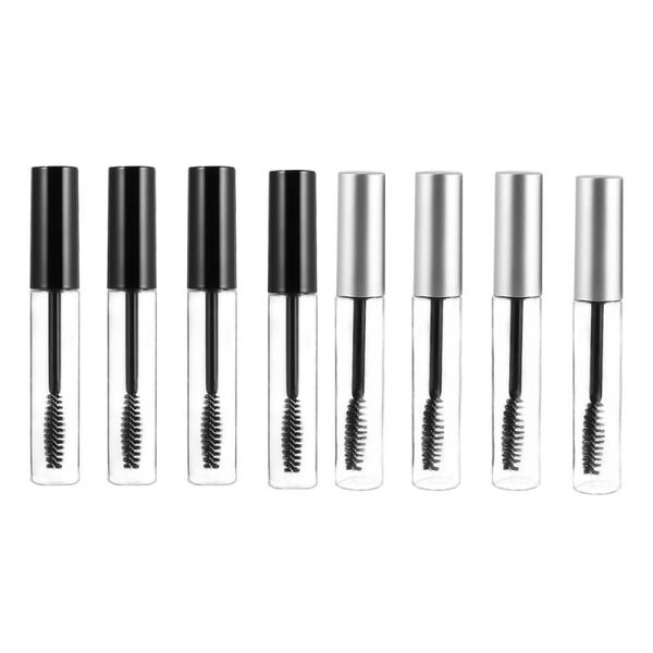 

8pcs mascara bottle empty refillable bottles portable transparent round storage container for home travel (black lid and silver