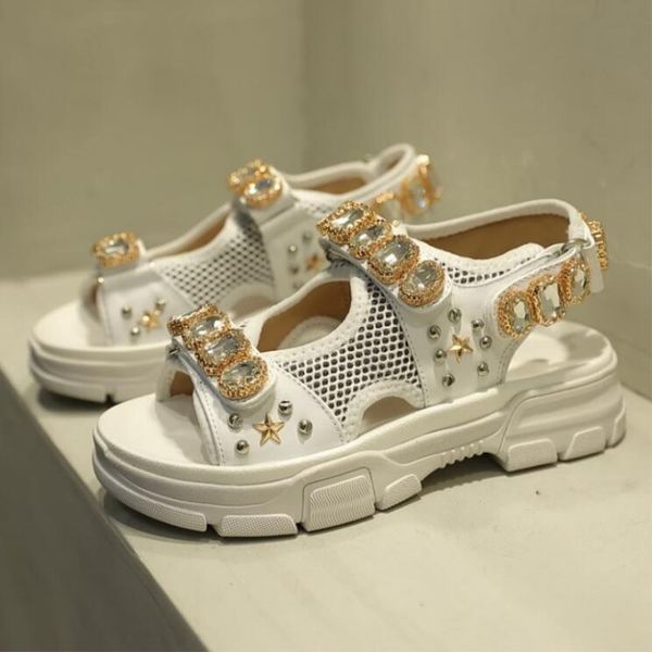 

sandals women luxury designer 2020 diamond glitter sandals women leather and mesh with crystals platform shoes woman, Black