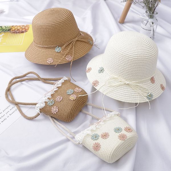 

2019 children's new sun beach women's straw hat sun hat straw bag two-piece set, Blue;gray