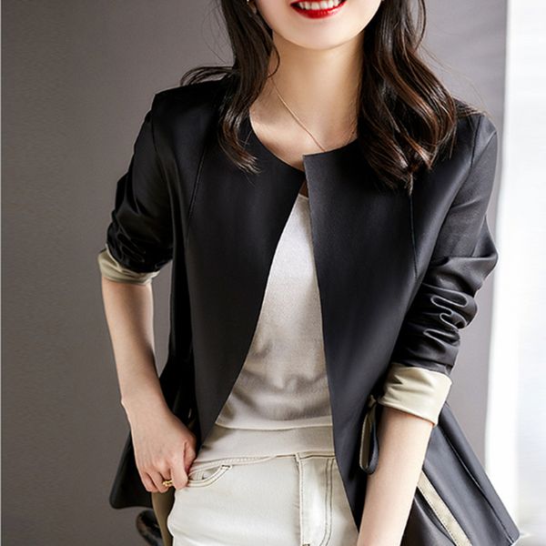 

women's suits & blazers leather women casual style sheepskin thin and soft long sleeves waist solid ladies office work clothing fashion, White;black