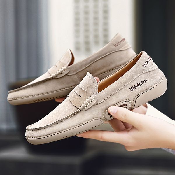 

fashion suede leather men shoes brand formal casual mens driving shoes loafers moccasins soft flats breathable slip on boat shoe, Black