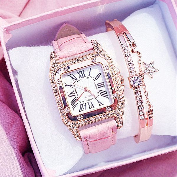 

2020 women square diamond bracelet watches set ladies leather band quartz wristwatches female clock relogio feminino, Slivery;brown