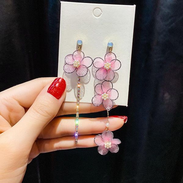 

2019 new arrival lace cute romantic women dangle earrings asymmetric pink flower earrings female summer long simple eardrop, Silver