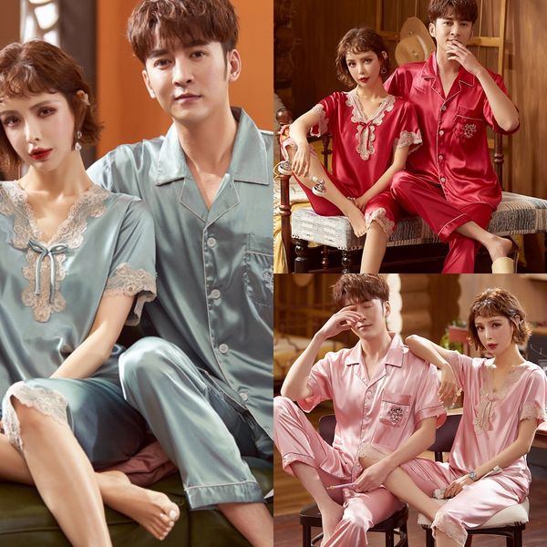 

aphx5 1 set price couple pajamas summer ice pajamas silk and silk short sleeve korean style silk-like youth can wear thin home clothes for, Black;brown