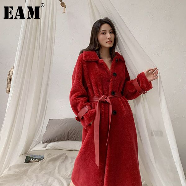 

women's wool & blends [eam] loose fit red lambswool big size thick woolen coat parkas long sleeve women fashion tide autumn winter 2021, Black
