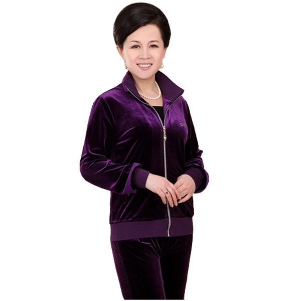 

new velvet tracksuits women spring autumn new middle-aged mother costumes long sleeves coat +trousers two pieces velvet suit 173, White