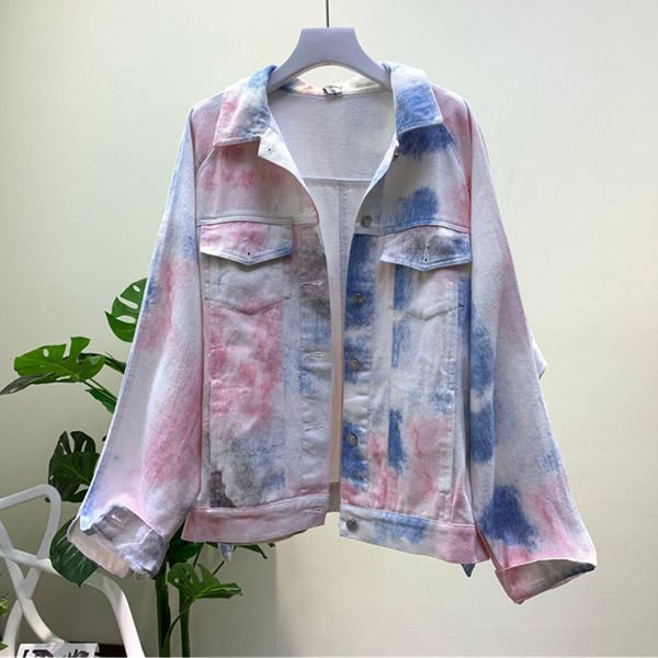 

2020 summer new fashion turn-down collar tie-dyed printed autumn loose long-sleeve denim jacket women trend coat jeans jacke, Black;brown