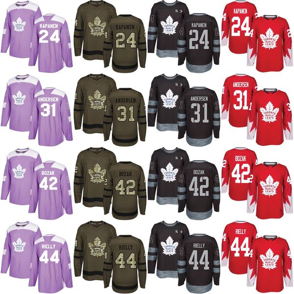 

торонто мэйпл лифс 42 bozak 31 frederik andersen 24 kasperi капанена 44 морган райлли хоккей джерси салют службы бои рак красный, Black;red