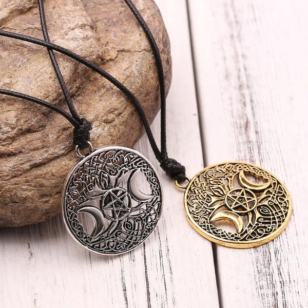

moon goddess wicca pentagram magic amulet pendant necklace viking tree of life charm necklaces rope chain vintage men jewelry, Silver