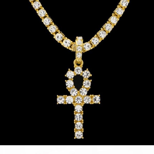

new arrival egyptian ankh key of life pendant necklace gold&silver color with bling rhinestones fashion vintage hip hop jewelry