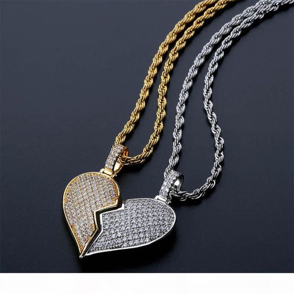 

fashion broken heart iced out chain pendant necklace statement gold color cubic zircon necklace hip hop men's jewelry gift, Silver