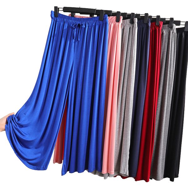 

cozy modal thin wide leg pants female summer large size elastic waist loose straight casual pants women high waist trousers 2636, Black;white