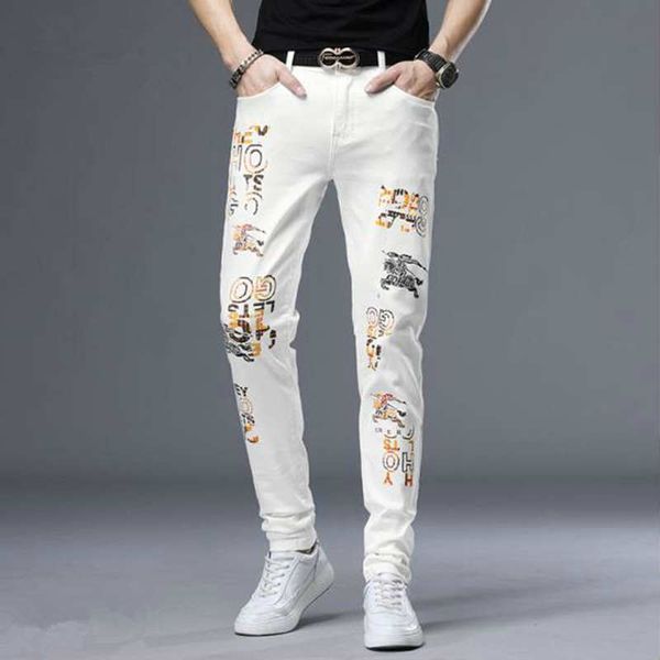 

new brand designer fashion stretch mens jeans white oil painting tights men casual cotton denim graffiti print trousers, Blue