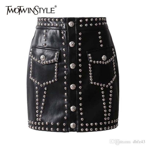 

gh pu leather skirts high waist single breasted mini skirt for women punk style spring fashion, Black