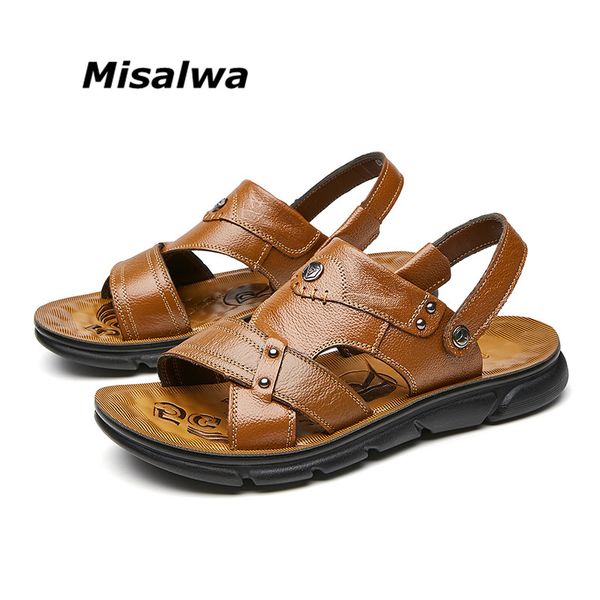 

misalwa real men's sandals cow authentic genuine leather casual strong men shoes soft summer slippers beach shoes dropshipping, Black