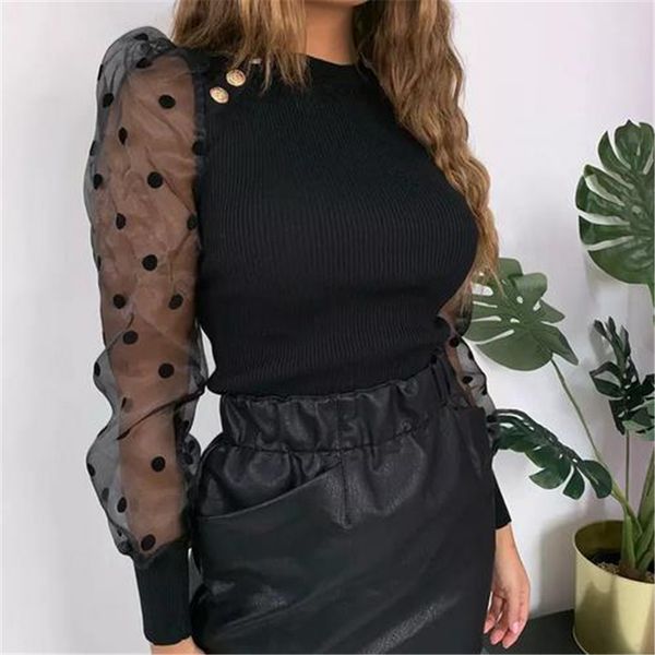 

женщины блузы осень mesh sheer puff рукавом с длинным рукавом sexy блуза тонкий club tops элегантная рубашка в горошек для печати блузы, White