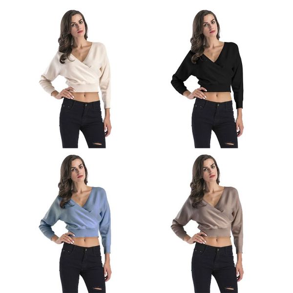 

women autumn batwing sleeves sweater deep v-neck cross wrap front crop solid color loose knitted jumper streetwear, White;black