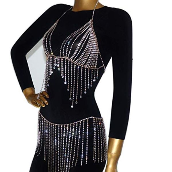 

stonefans crystal tassel breast body chain bra necklace for women rhinestone dress belly waist chain body jewelry gift t200508, Silver