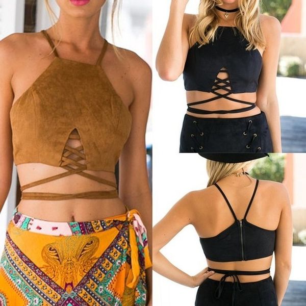 

summer vintage brown faux leather suede cropped tank lace up camis women slim cami party crop fall, White