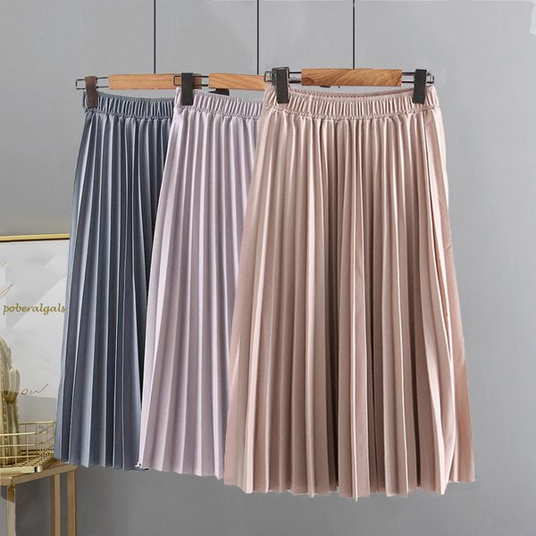 

autumn and winter women long pleated skirt korean fashion wild solid color high waist slim pleated midi womens skirts, Black