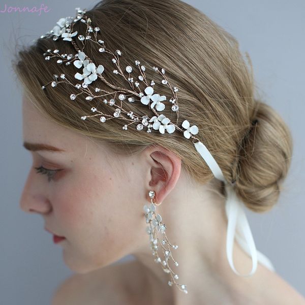 

handmade white floral bridal hair vine headband rhinestone wedding accessories hair piece women party prom headpiece, Golden;silver