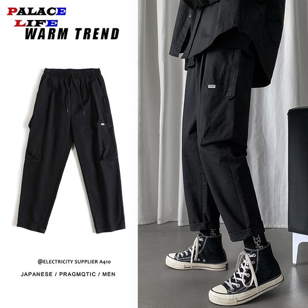 

men's pants japanese style loose straight cargo mens spring black drawstring casual 9 points trousers streetwear male