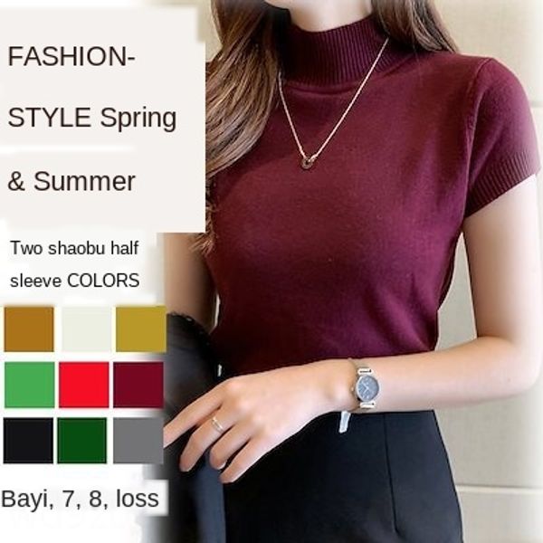 

lotte mall new half-turtleneck half-sleeve shorts sweater women's 2020 base shirt inner sweater slim fit short shirt, White;black