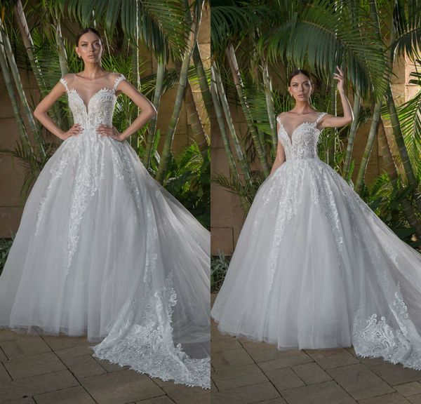 

2021 new wedding dresses jewel capped sleeve lace applique beads bridal gowns custom made sweep train designer a-line wedding dress, White