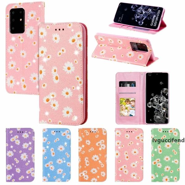 

flower leather wallet case for samsung s20 ultra s10 plus a81 a91 a21 a31 a41 glitter sparkle suck magnetic closure holder stand flip cover