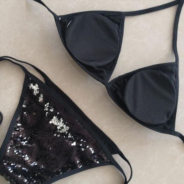 

2020 halter bling glitter sequin bandage thong micro spandex biquini bathing suit swimsuit swimwear women brazilian bikini black, White;black