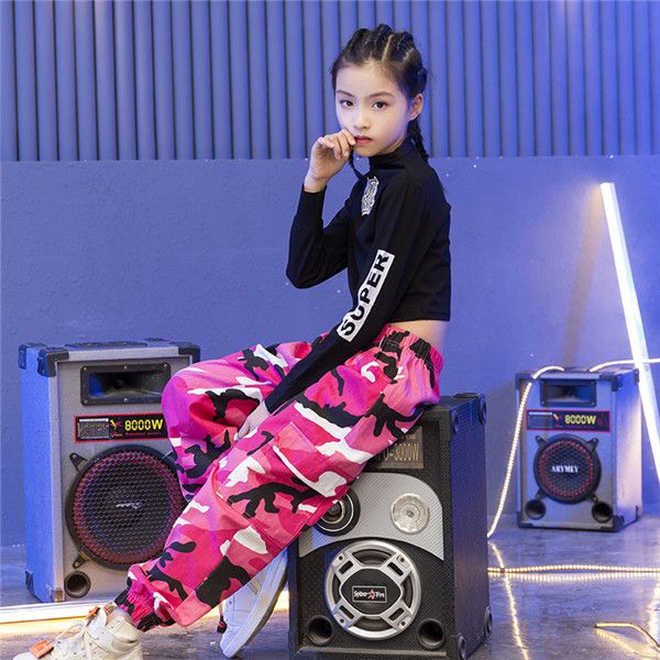 

girls jazz dance costumes hip hop suit long sleeve children kids street dancing clothes performance show out clothing 120 180, White