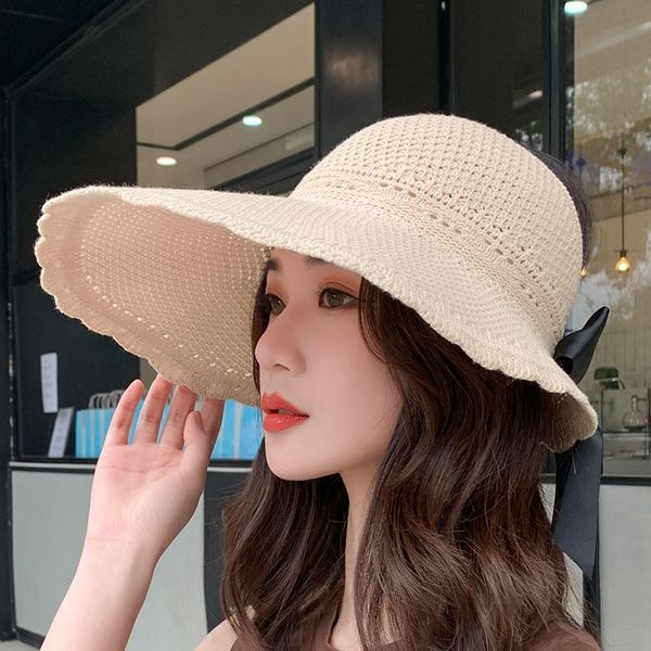 

2020 new knitted empty sunscreen straw sunscreen children's summer bow cap sun-proof straw hat outdoor sun-proof hat, Blue;gray