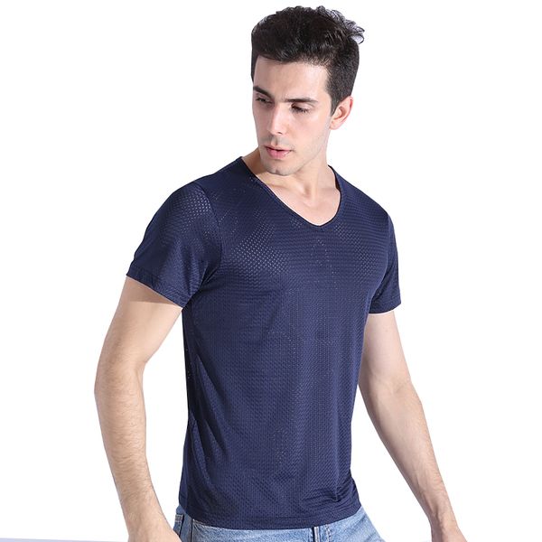 

breathable mesh short-sleeved t-shirt men's ice silk hollow fast-drying exercise cool men half-sleeved thin section kg-599, White;black