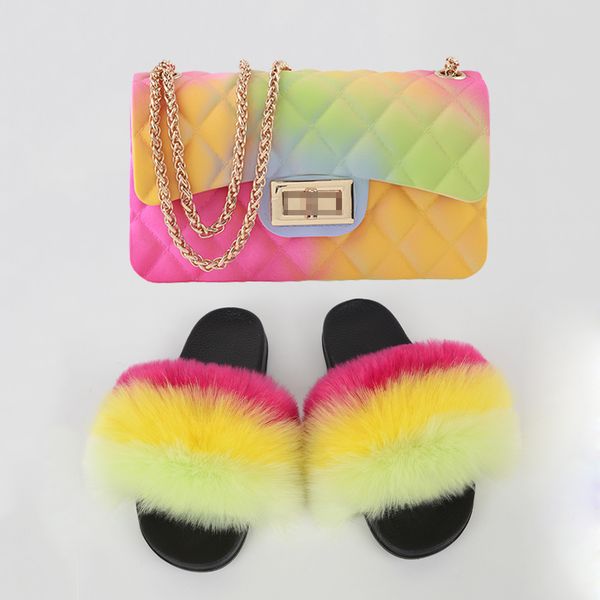 

лето вьетнамки real fox fur тапочки красочные желе сумка set симпатичные пушистые тапочки новый вьетнамки плоский меховые сандалии главная ж, Black