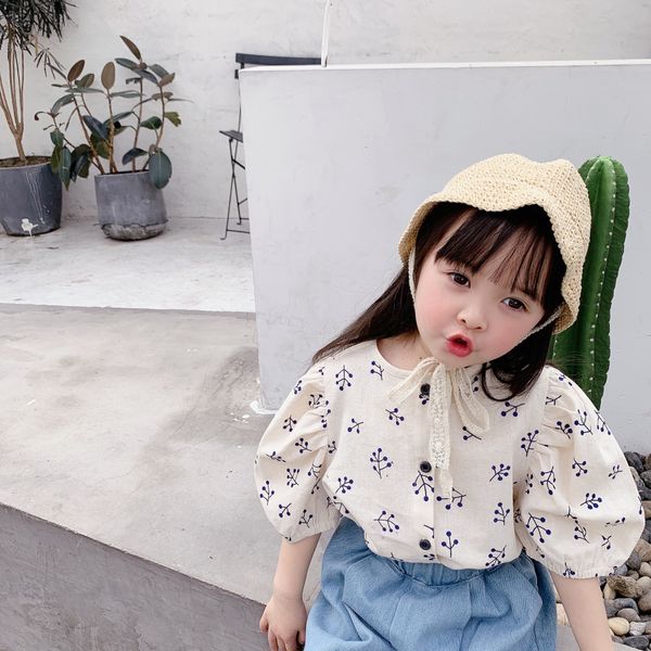 

adbaby 2020 new girls korean children's shirt children's clothing summer clothing bubble sleeve hemp cotton short sleeve shirt 203, White;black