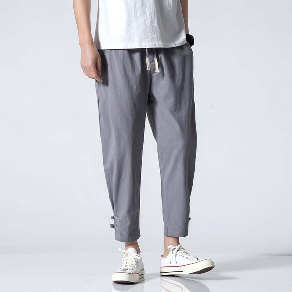 

summer men's linen pants solid color ankle-length casual pants male fashion streetwear men linen pencil trouser, Black