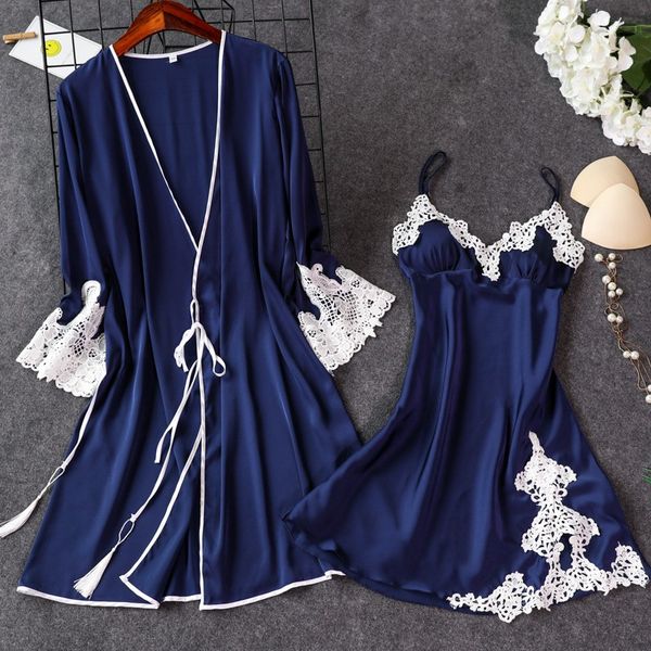 

men's sleepwear satin lace patchwork female casual 4pcs sleep set kimono robe gown intimate lingerie home clothes silky nightwear, Black;brown