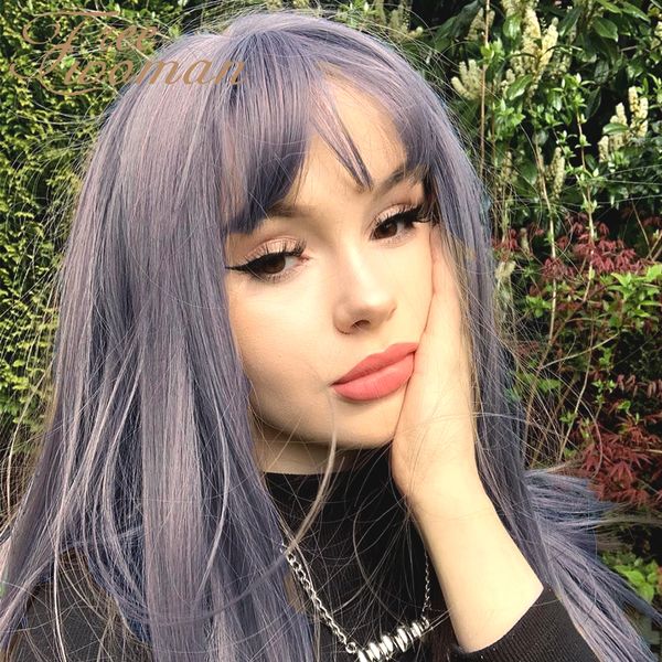 

серебристо-серый свободная женщина straight длинных париков с аккуратной bangs синтетического париком черного moda feminina париком для женщ, Black