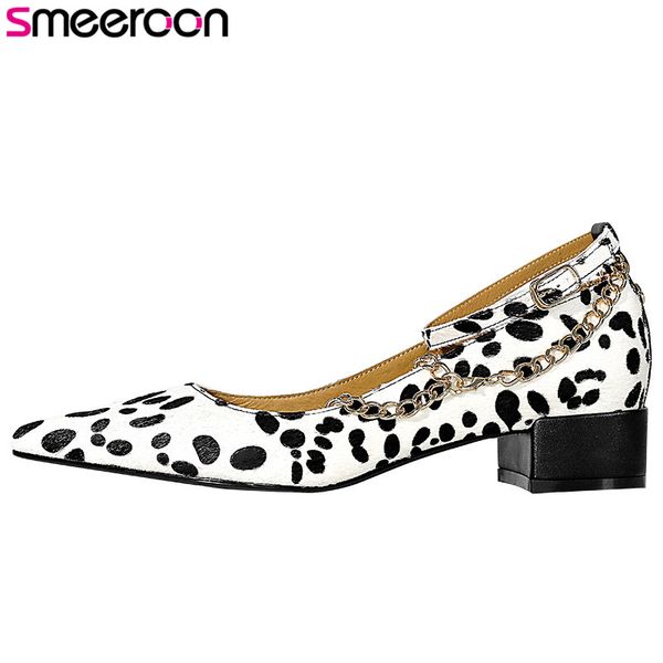 

smeeroon 2020 horse hair women pumps pointed toe buckle chain fashion comfortable single shoes ladies, Black