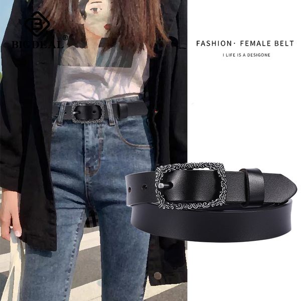 

belts for women cowskin genuine leather women belt vintage pin buckle strap jeans dress carved buckle female waist, Black;brown