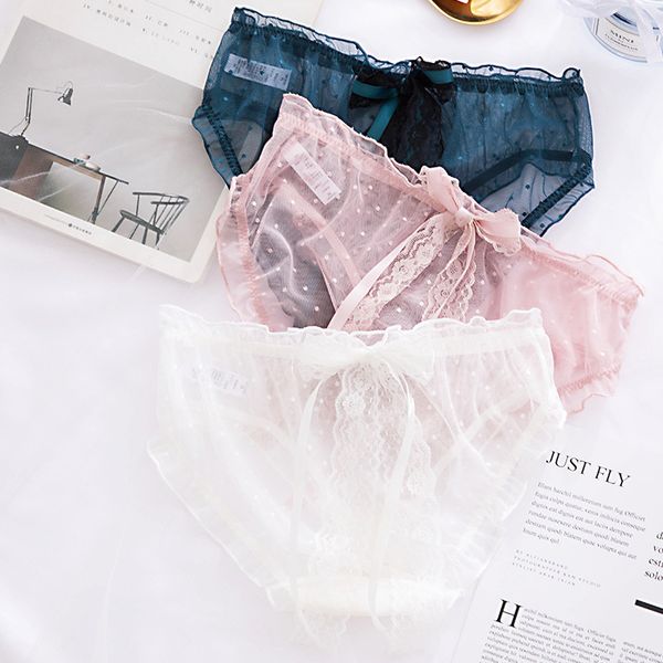

japanese cute big lace bow transparent panties dots mesh hollow out women underwear seamless briefs solid lingerie thongs, Black;pink